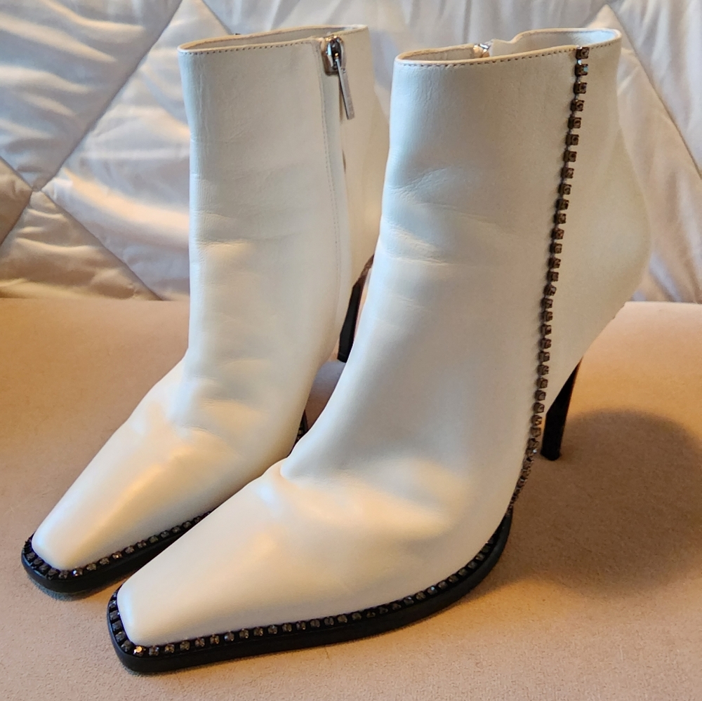 Jimmy Choo Booties- white leather with Swarovski trims and on heels. Sz 7